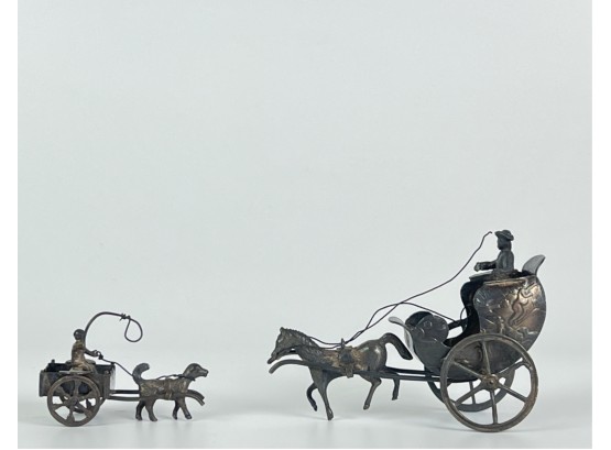 (2) MINIATURE SILVER CARRIAGE & RIDER FIGURINES
