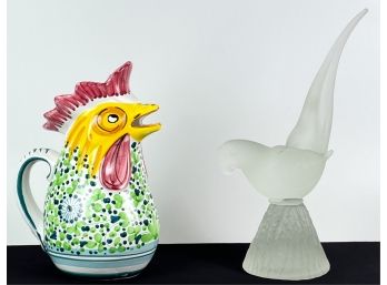 LALIQUE STYLE PARROT & ITALIAN ROOSTER PITCHER