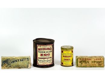 (4) ADVERTISING PCS: KITCHEN TINS & LURE BOXES