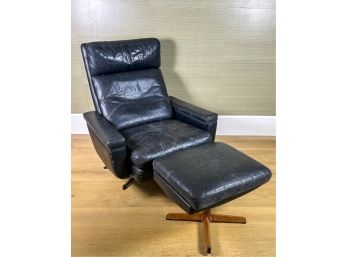 MID CENTURY LEATHER ATLAS SWIVEL CHAIR & STOOL