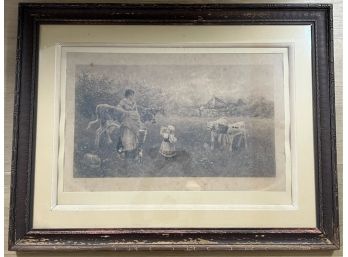 SIGNED (19th C) ENGRAVING 'TENDING THE COWS'