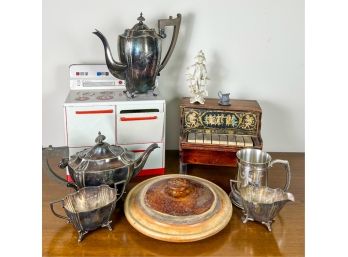 MISC LOT ODDSOMES: TOYS, PEWTER, SILVER PLATE, ETC
