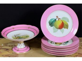 SET (6) HAND PAINTED FRENCH CAKE PLATES w COMPOTE