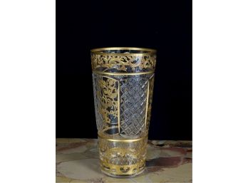 CUT CRYSTAL WATER GLASS w GOLD PAINTED DECORATION