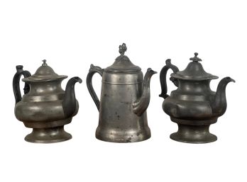 (2) PEWTER TEAPOTS and (1) COFFEE POT