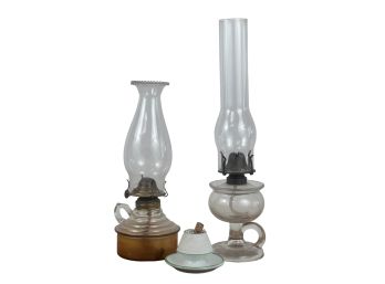 2) GLASS KEROSINE LAMPS & MATCH HOLDER with STRIKE