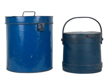 EARLY WOODEN FIRKIN and TIN STORAGE CONTAINER