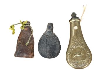 (19thc) BRASS POWDER FLASK & (2) LEATHER SHOT BAGS