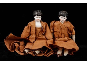 PAIR of CHINA HEAD DOLLS with BISQUE ARMS & LEGS