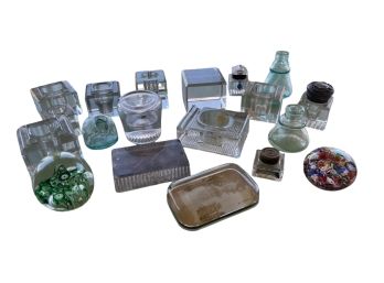 GROUPING of GLASS INKWELLS and PAPERWIEGHTS