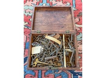 (19th c) WOODEN BOX in RED WASH full of KEYS