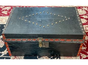 (19th c) LEATHER-BOUND CHEST with BRASS TACKS