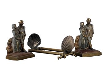 PAIR OF BRONZE PILGRIM BOOKENDS w/ ANOTHER SET