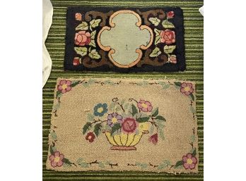 (2) ANTIQUE GEOMETRIC FLORAL HOOKED RUGS