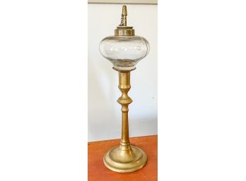 ANTIQUE BRASS AND BLOWN GLASS OIL LAMP