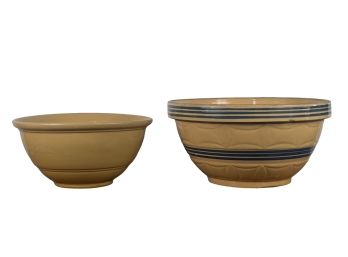 (2) YELLOWARE BOWLS (1) EMBOSSED & BANDED BLUE
