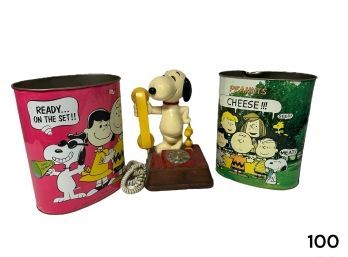 Two Peanuts Waste Baskets & a Snoopy Telephone