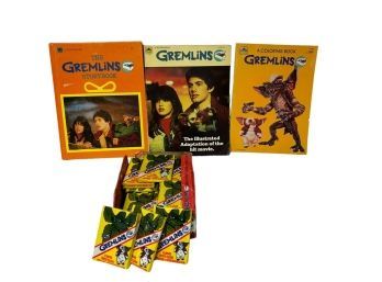 Three Gremlin Books and Box of Trading Cards
