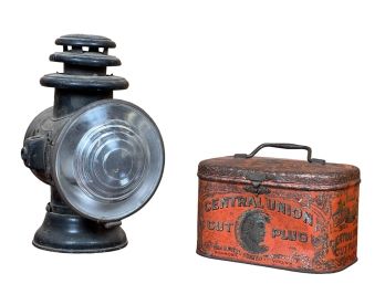 ANTIQUE CARRIAGE LAMP AND CUT PLUG TIN