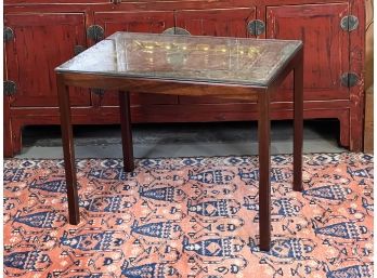ANTIQUE ENGRAVED BRASS TRAY FITTED AS COFFEE TABLE