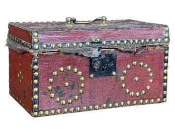 EARLY RED LEATHER BRASS TACKED DOCUMENT BOX