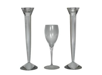 PAIR of BACCARAT CANDLESTICKS & WINE GLASS