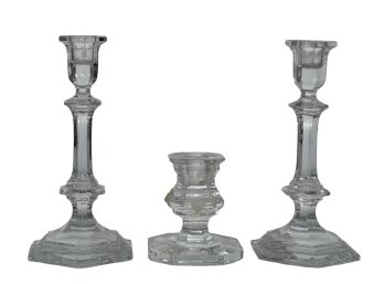 PAIR of BACARAT CRYSTAL CANDLESTICKS & a THIRD