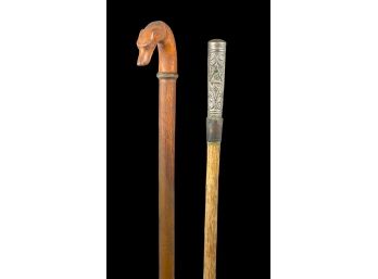 GREYHOUND CARVED WALKING STICK & (1) OTHER