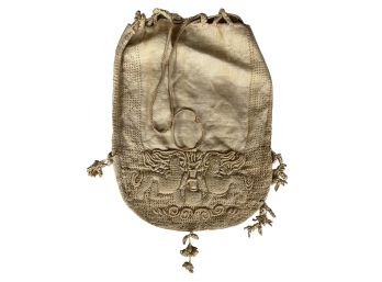 (19th c) CROCHETED LINEN PURSE with GRYPHONS