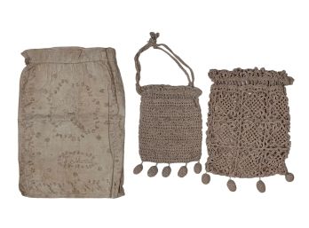 Two (19th c) CROCHETED PURSES & (1) LINEN