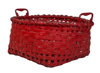 (19th C) SPLINT ASH GATHERING BASKET In LIPSTICK RED PAINT