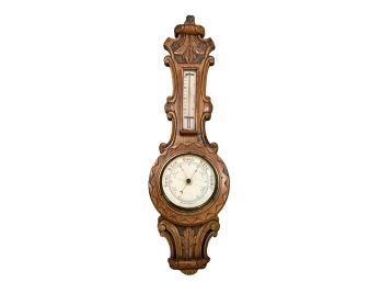 ANTIQUE CARVED ENGLISH OAK ANEROID BAROMETER