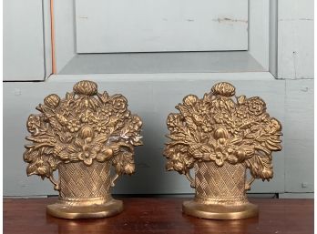 PAIR of BRASS FLOWER BASKET FORM BOOKENDS