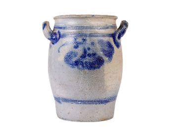 SALT GLAZED CROCK with COBALT TULIP