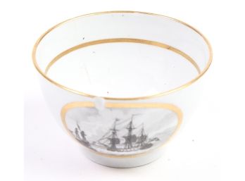 (18th c) PORCELAIN TRANSFERWARE TEA CUP with SHIPS