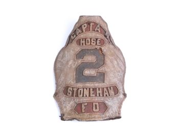 STONEHAM FIRE DEPT CAPTAINS LEATHER HELMET SHIELD