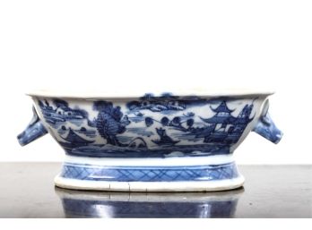 BLUE AND WHITE CANTON OVAL FOOTED BOWL