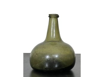 EARLY HAND BLOWN OLIVE GREEN GLASS SQUAT BOTTLE