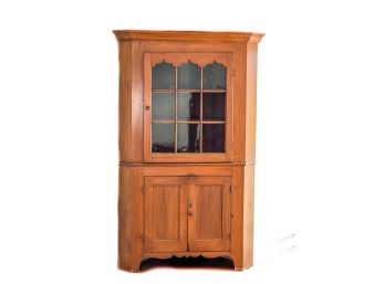 (19th c) HEART PINE (2) PART CORNER CABINET