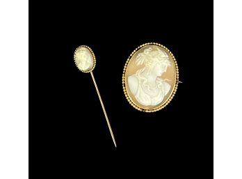 VICTORIAN SHELL CAMEO PENDANT/BROOCH & STICKPIN