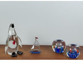 PAIR of FISH TANK GLASS PAPERWEIGHTS and PENGUIN