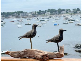 PAIR Of CARVED And PAINTED SHOREBIRDS On DRIFTWOOD