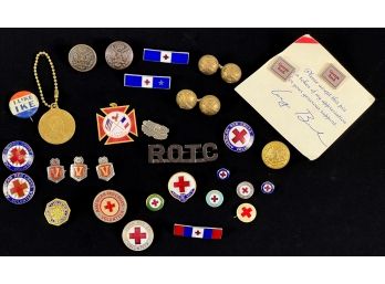 RED CROSS, MILITARY and POLITICAL BUTTONS and PINS