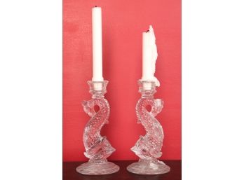 PAIR OF DOLPHIN FORM GLASS CANDLESTICKS