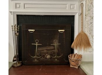 BRASS & IRON FIREPLACE SET with ANCHOR ANDIRONS