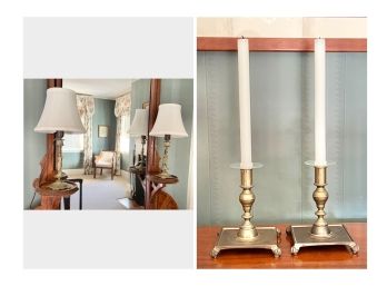 PAIR OF FIGURAL BRASS TABLE LAMPS & CANDLESTICKS