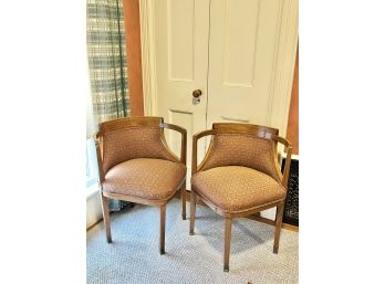 PAIR OF BARREL BACK UPHOLSTERED CORNER CHAIRS