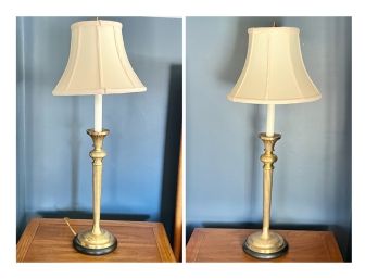 PAIR OF TRUMPET FORM BRASS TABLE LAMPS