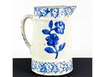 SPONGE DECORATED STONEWARE PITCHER w FLOWERS