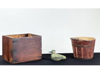 WHITTLED DUCK, PINE BOX & IRON BOUND PAIL